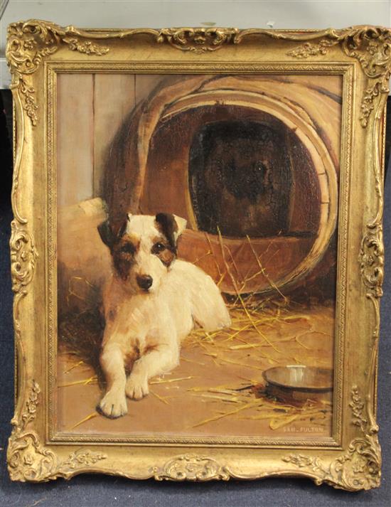 Samuel Fulton (1855-1941) Portrait of a terrier seated beside a barrel 18 x 14in.